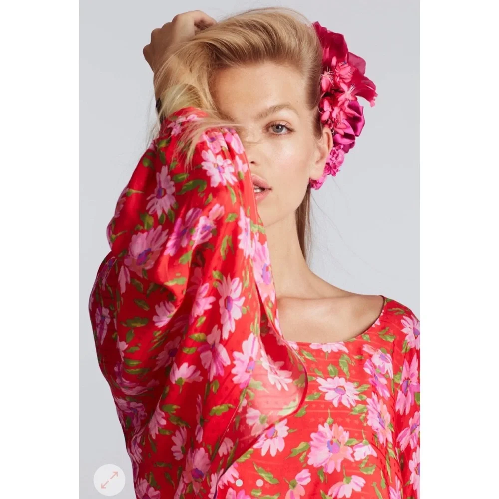 LoveShackFancy Red Hand Painted Floral Mini Dress NWT Large - Picture 2 of 16